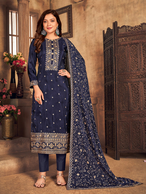 Blue Viscose Upada Embroidered Wedding Pant Suit