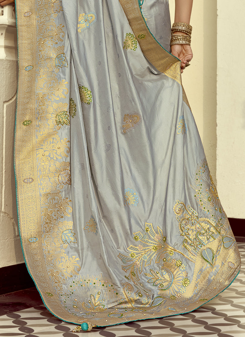 Silver Dola Silk Handwork Wedding Saree