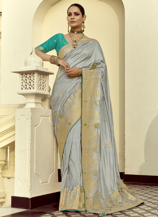 Silver Dola Silk Handwork Wedding Saree