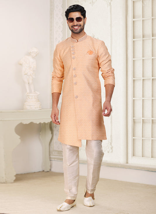 Peach Banarasi Jacquard Indo Western