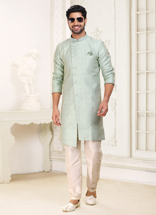 Ice Mint Banarasi Jacquard Indo Western