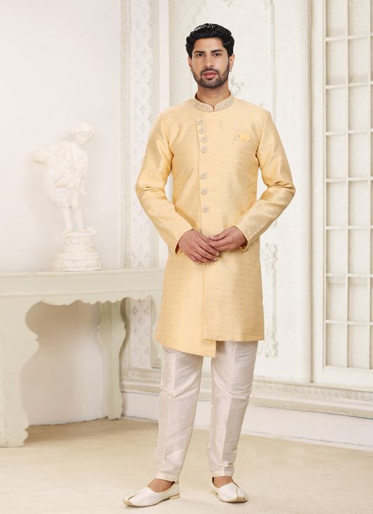 Pastel Yellow Banarasi Jacquard Indo Western