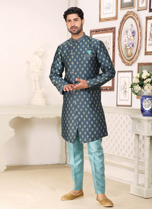 Slate Grey Banarasi Jacquard Indo Western