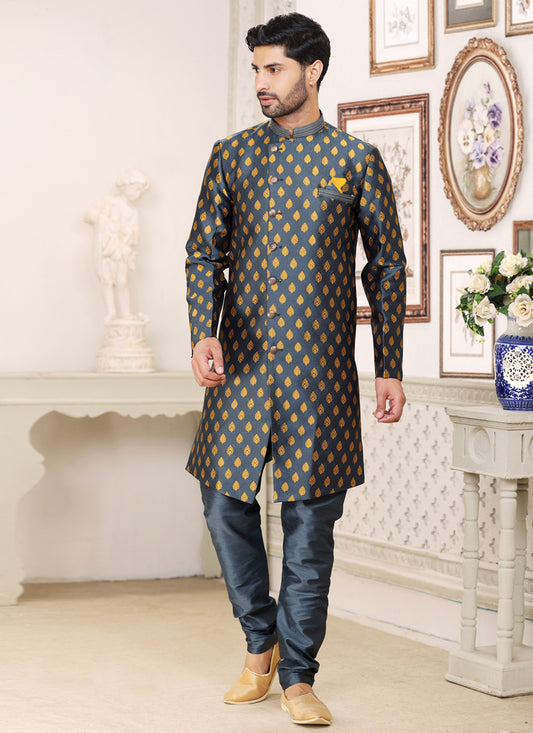 Slate Grey Banarasi Jacquard Indo Western