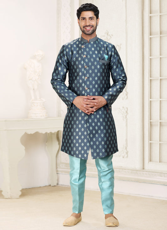 Slate Grey Banarasi Jacquard Indo Western