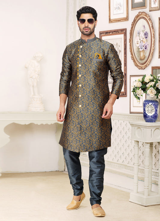 Slate Grey Banarasi Jacquard Indo Western