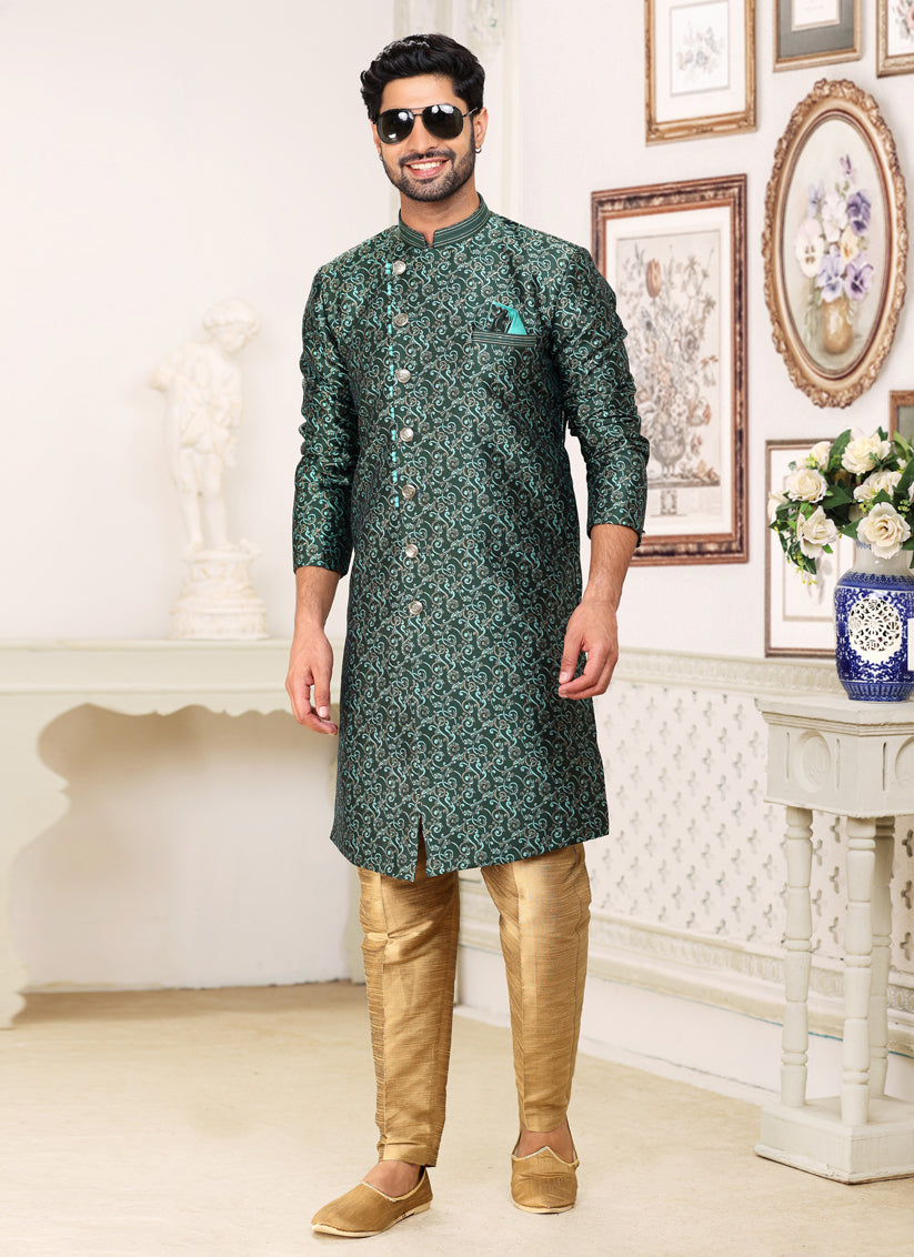 Pine Green Banarasi Jacquard Indo Western