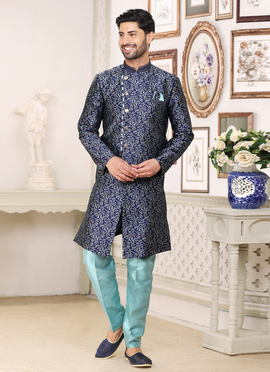 Navy Blue Banarasi Jacquard Indo Western