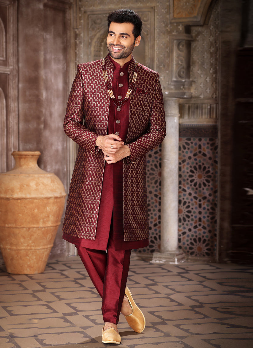 Maroon Art Silk 3 Piece Indo Western