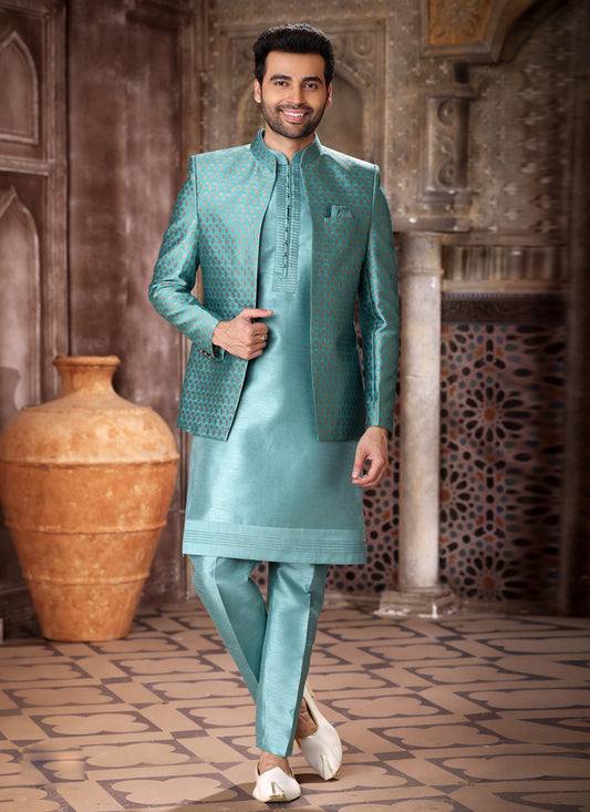 Mint Blue Art Silk 3 Piece Indo Western