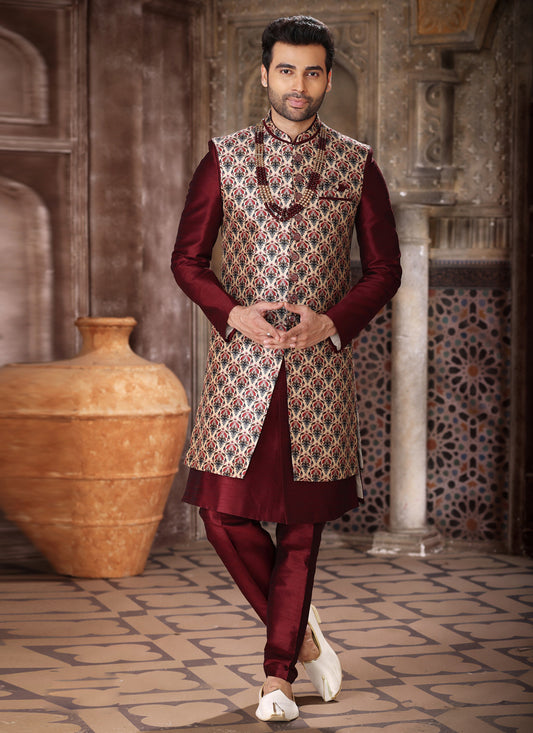 Maroon Art Silk 3 Piece Indo Western