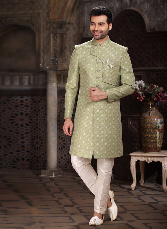 Pistachio Green Banarasi Jacquard Indo Western