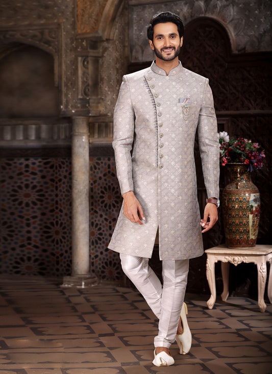 Silver Grey Banarasi Jacquard Indo Western