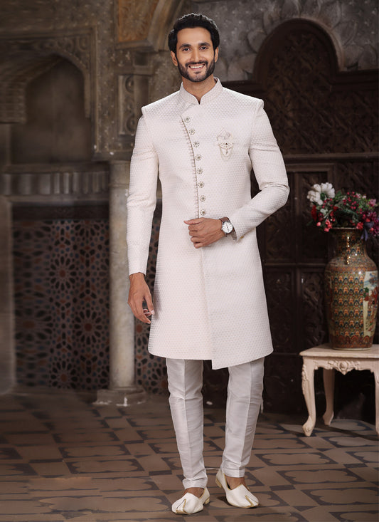 White Banarasi Jacquard Indo Western