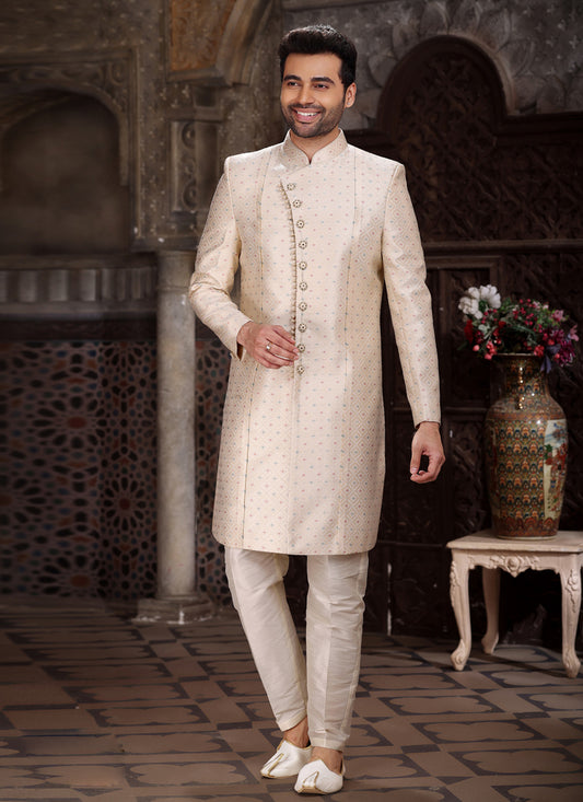 Ivory Banarasi Jacquard Indo Western