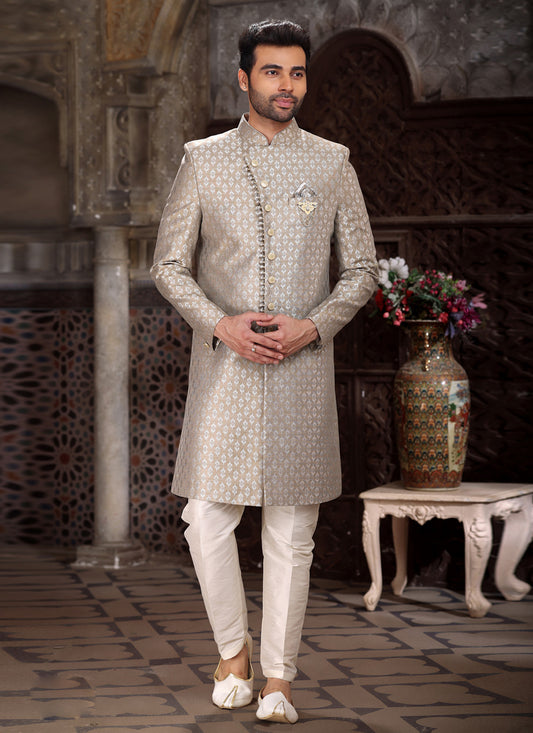 Taupe Banarasi Jacquard Indo Western