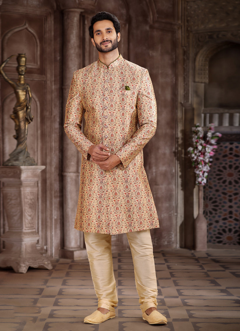 Beige Art Silk Printed Sherwani