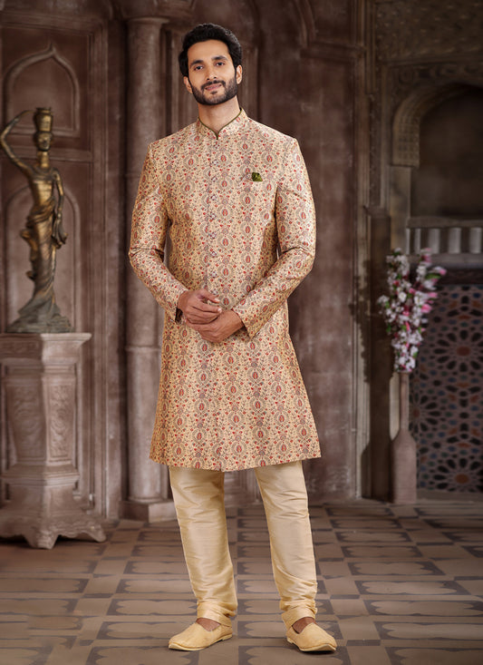 Beige Art Silk Printed Sherwani