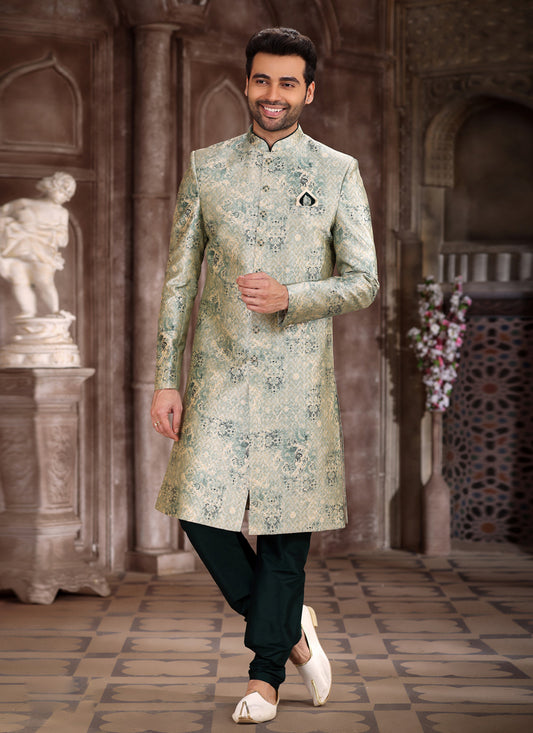 Pastel Green Art Silk Printed Sherwani