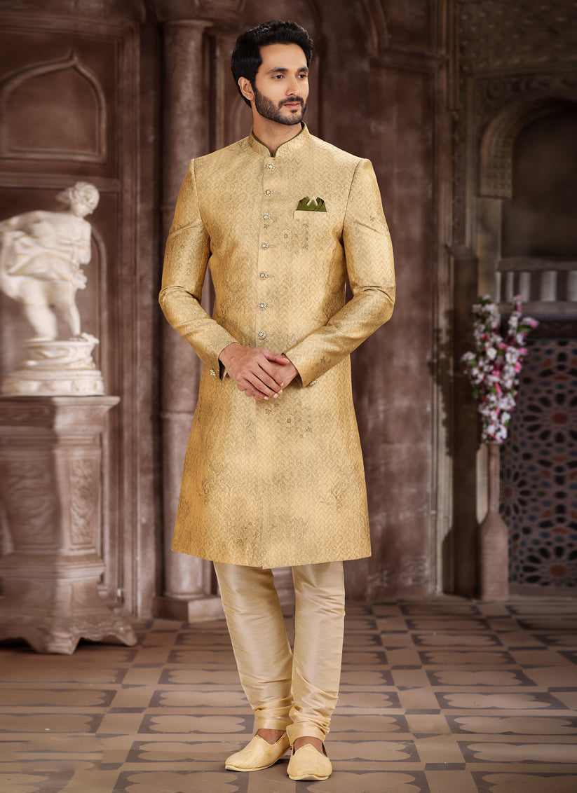 Fawn Art Silk Printed Sherwani