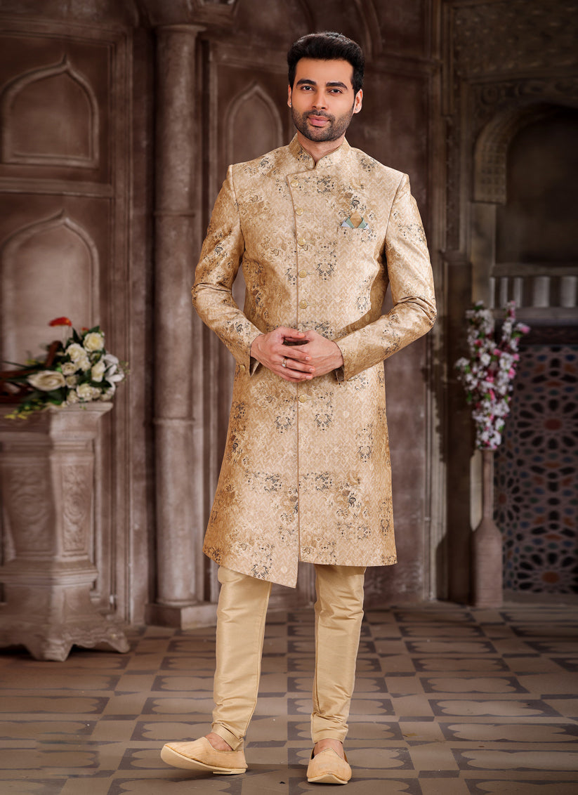 Khaki Art Silk Printed Sherwani