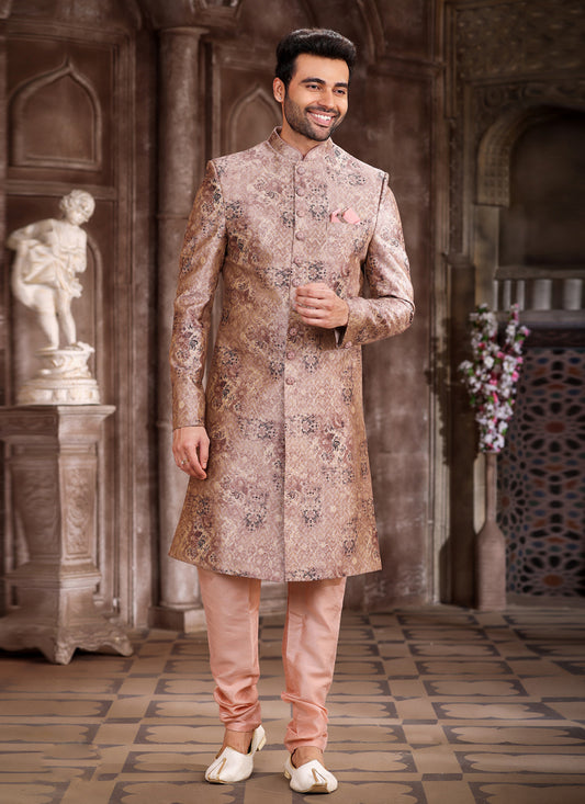 Rose Gold Art Silk Printed Sherwani