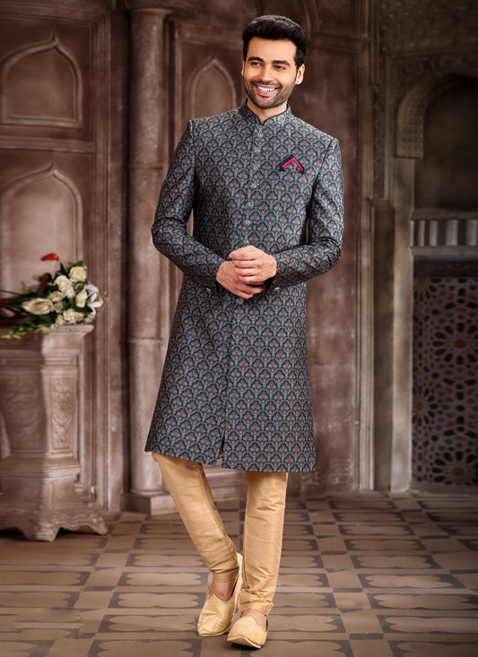 Teal Green Art Silk Printed Sherwani