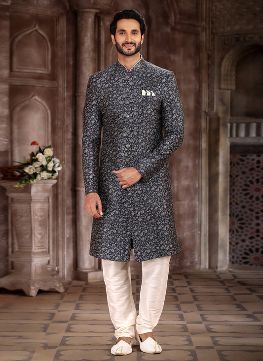 Black Art Silk Printed Sherwani