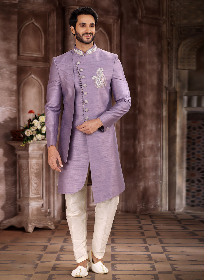 Lilac Art Silk Men Sherwani