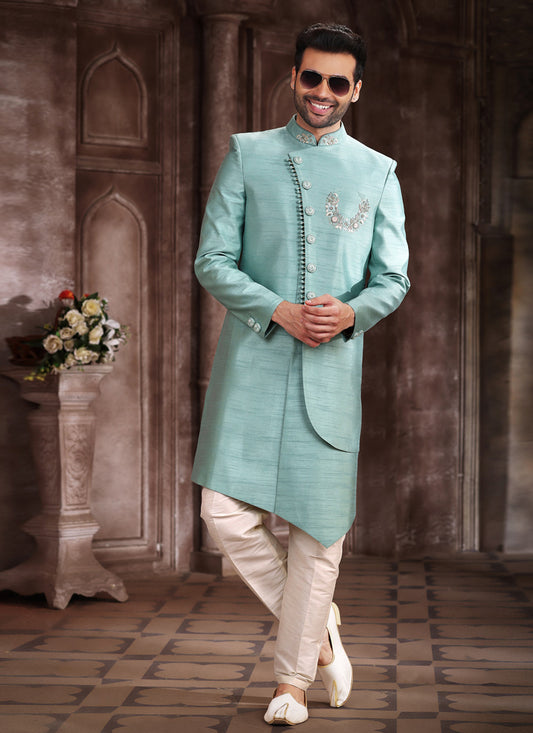 Mint Blue Art Silk Men Sherwani