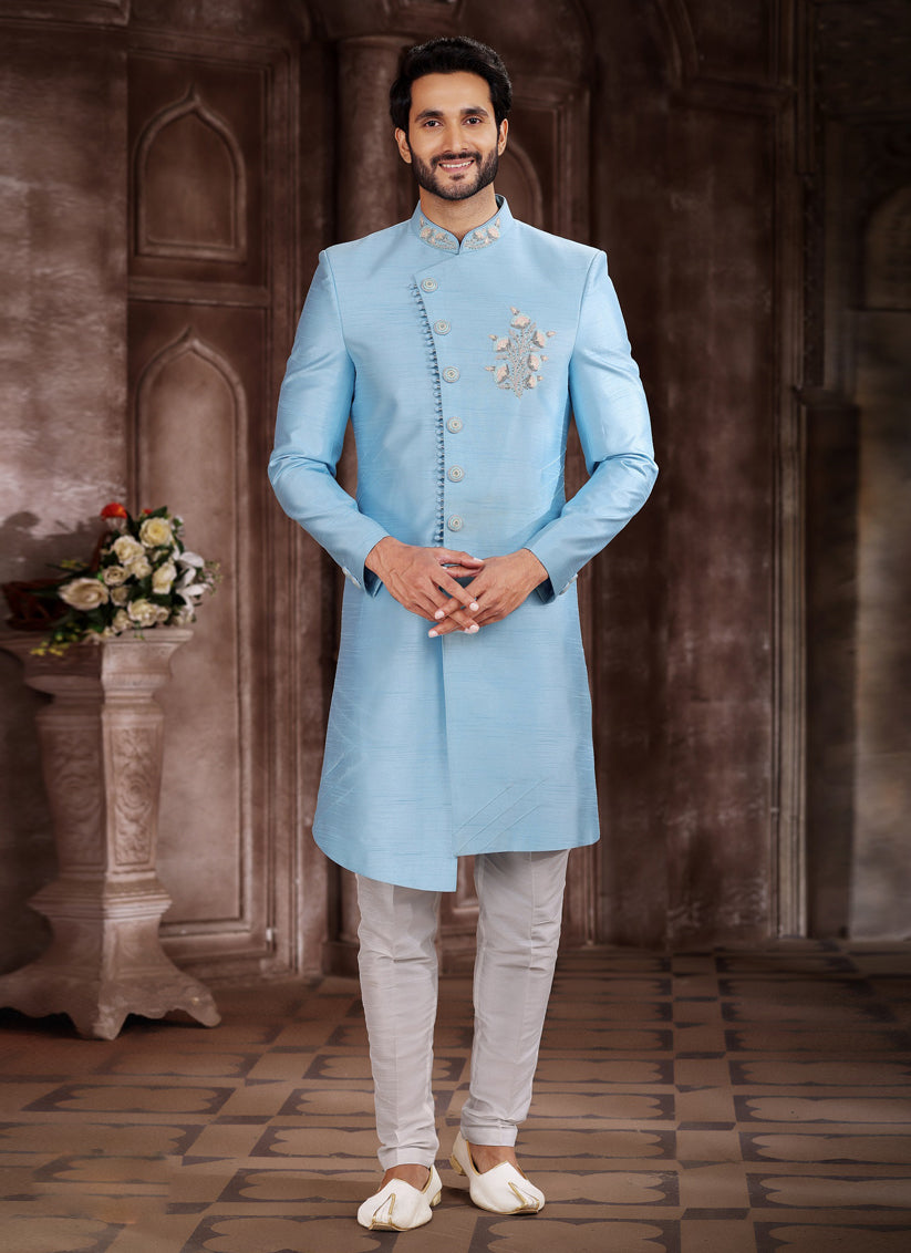 Sky Blue Art Silk Men Sherwani