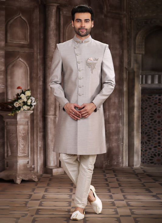 Ash Grey Art Silk Men Sherwani