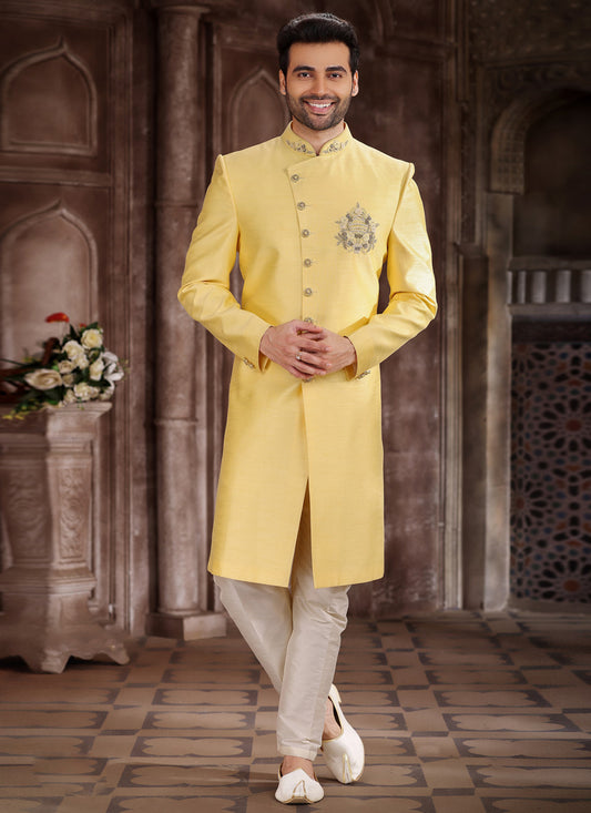 Lemon Yellow Art Silk Men Sherwani