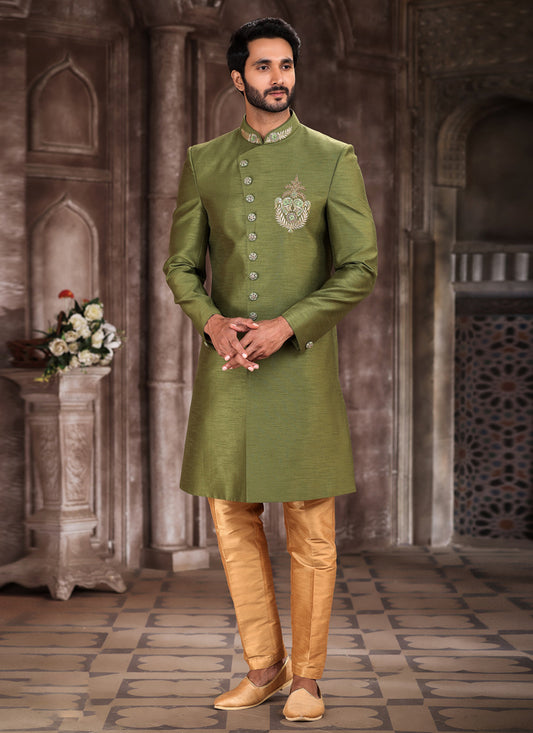 Olive Green Art Silk Men Sherwani