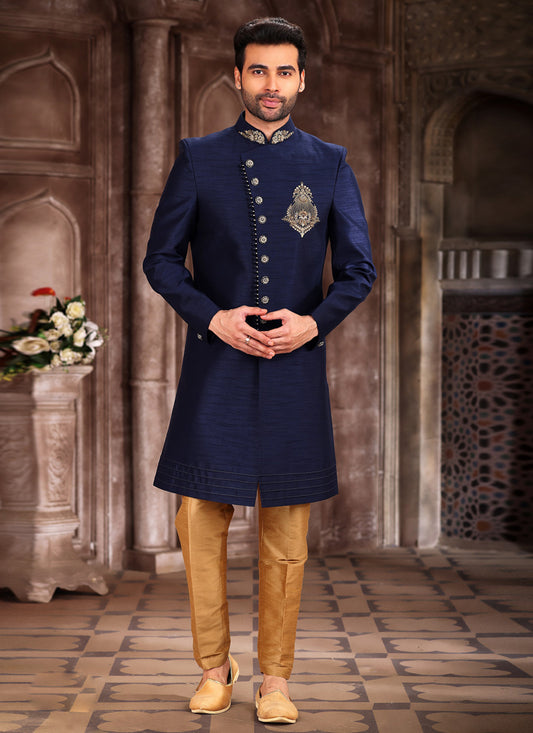 Navy Blue Art Silk Men Sherwani