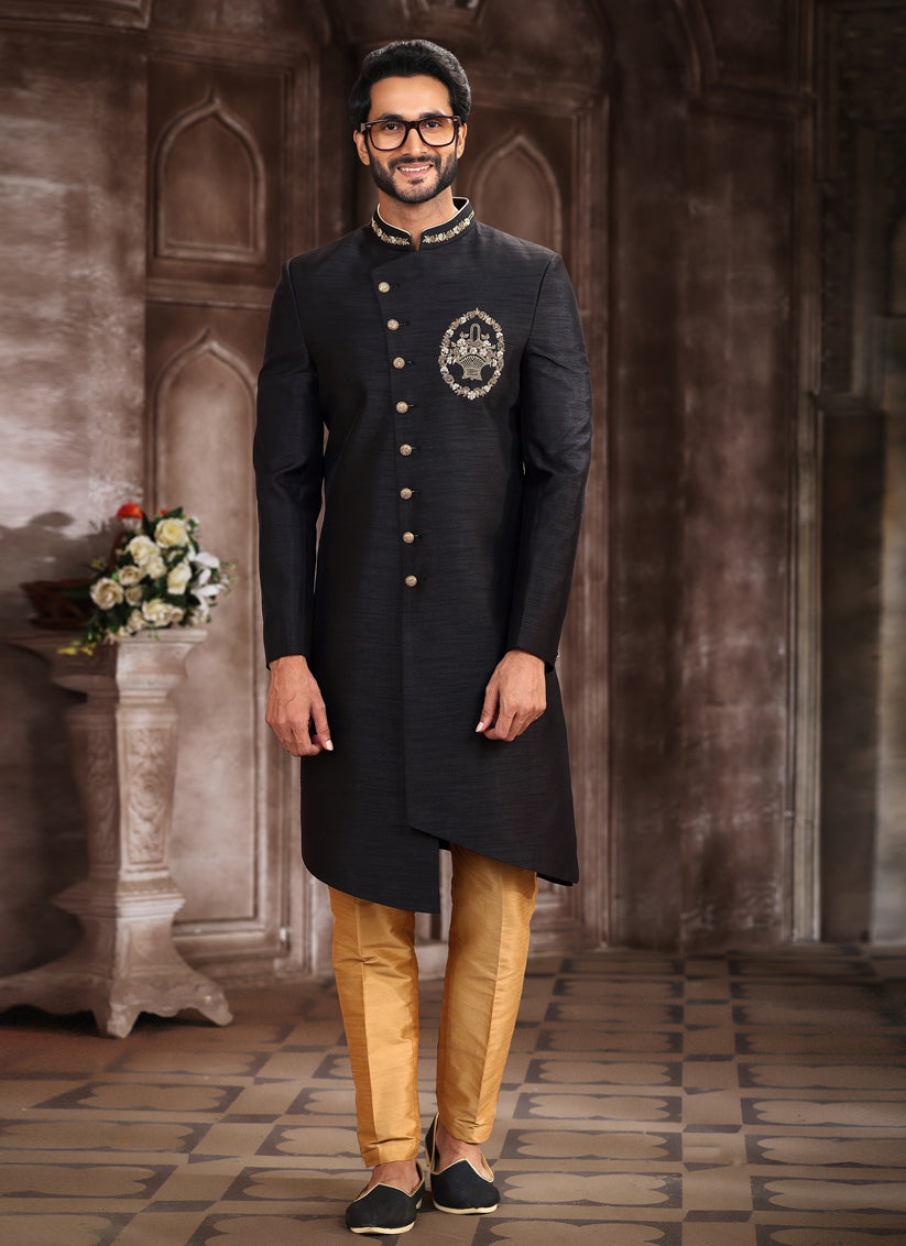 Black Art Silk Men Sherwani