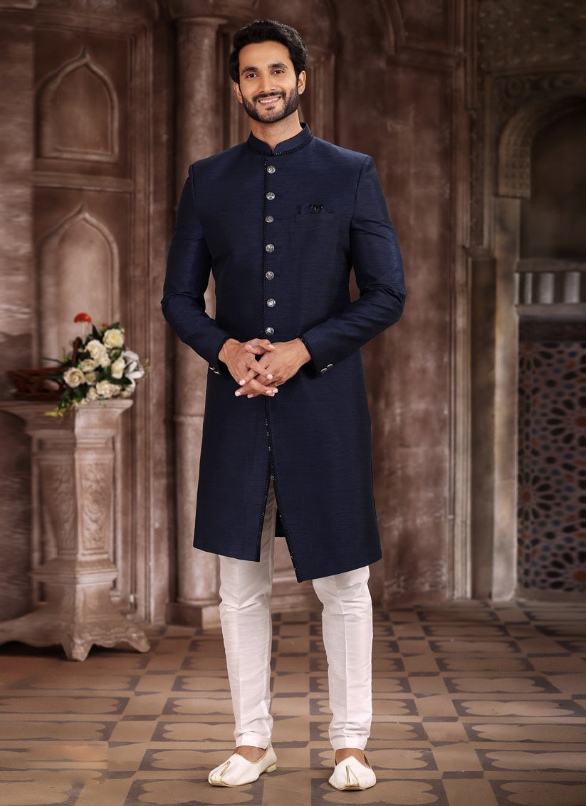 Midnight Blue Art Silk Men Sherwani