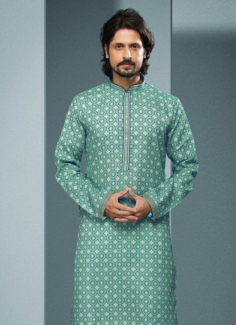 Rama Green Handloom Cotton Printed Mens Kurta Pyjama Set
