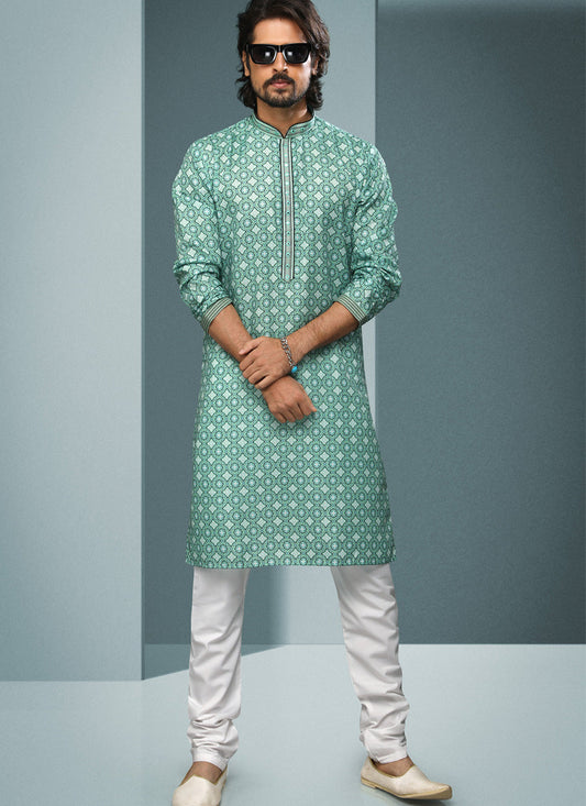 Rama Green Handloom Cotton Printed Mens Kurta Pyjama Set