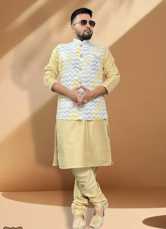 Cream Silk Kurta Set with Grey Jacket