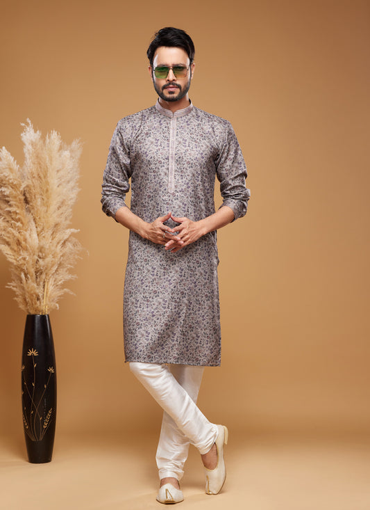 Grey Art Silk Digital Printed Kurta Set