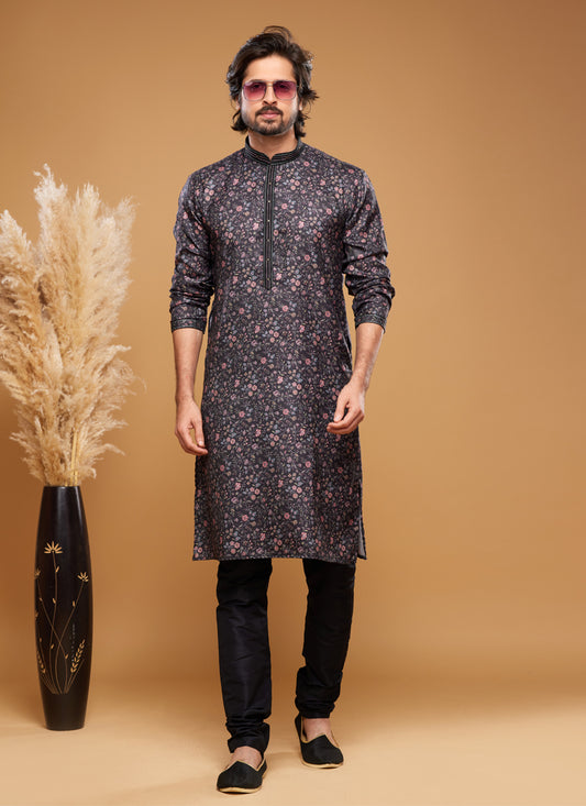 Black Art Silk Digital Printed Kurta Set
