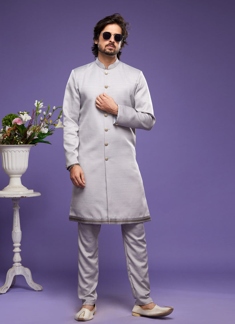 Grey Art Silk Mens Indo Western Suit