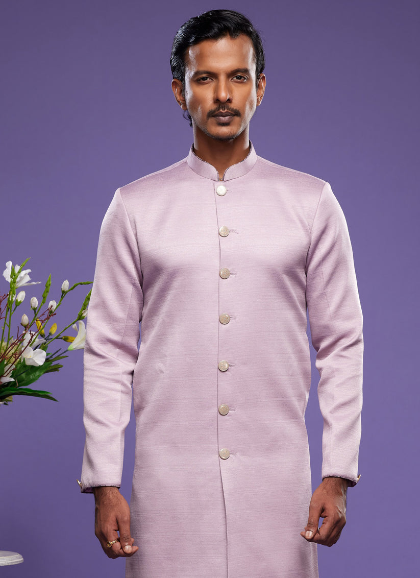 Lavender Art Silk Mens Indo Western Suit