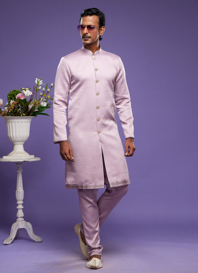 Lavender Art Silk Mens Indo Western Suit