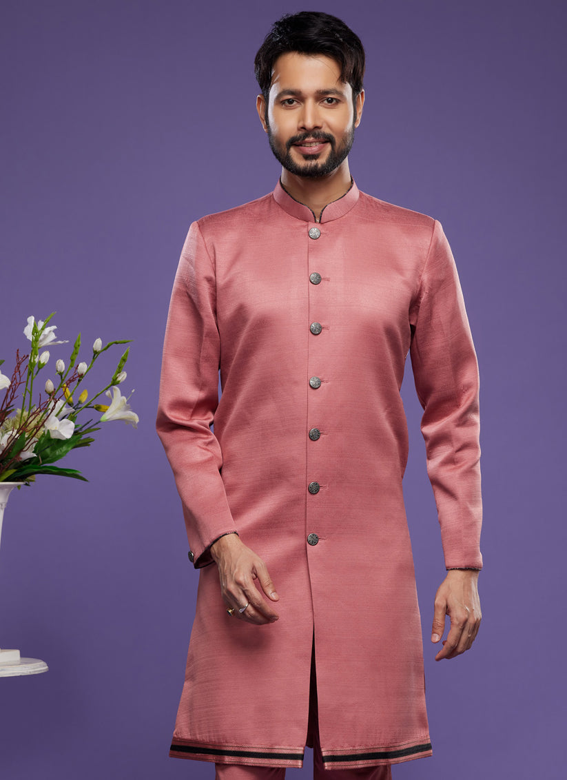 Peach Art Silk Mens Indo Western Suit