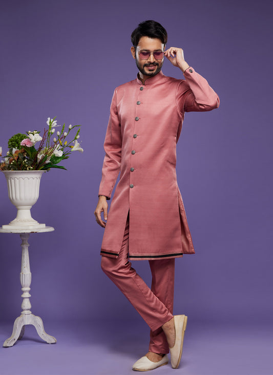 Peach Art Silk Mens Indo Western Suit