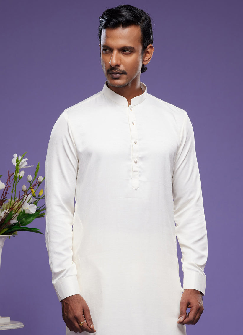 White Art Silk Mens Kurta Pajama Set