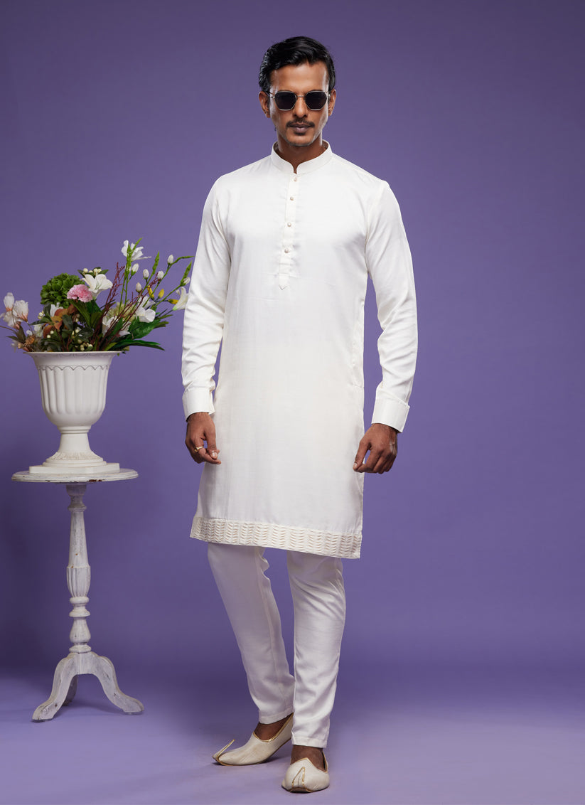 White Art Silk Mens Kurta Pajama Set