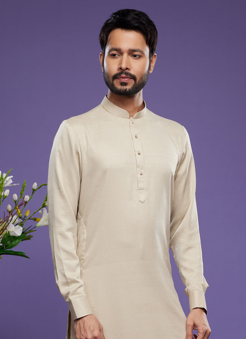 Beige Art Silk Mens Kurta Pajama Set